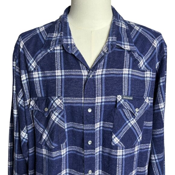 Vintage 90s Dickies Pearl Snap Western Shirt 2LX Blue Plaid Flannel Long Sleeve - Picture 2 of 6
